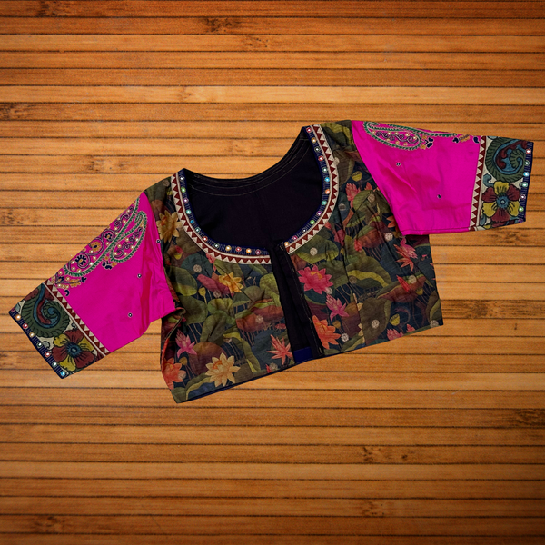 Muga silk blouse with lotus pond sleeves, Kanjeevaram silk paisley motif hand embroidery - Size 38