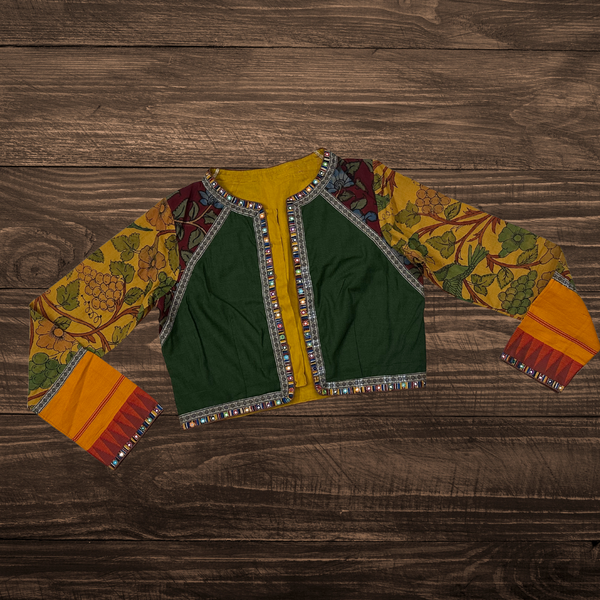 Pen Kalamkari cotton blouse with elegant full sleeves and intricate hand-painted designs - Size 38