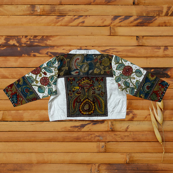 Kanjeevaram silk pure white blouse with Pen Kalamkari sleeves and appliqué embroidery detailing - Size 44