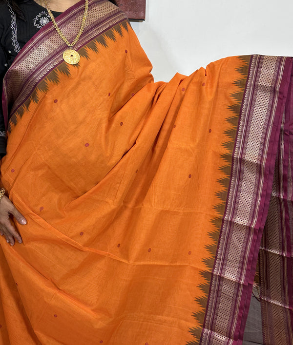 Orange and Maroon Korvai Cotton Saree with Silk Pallu and Border