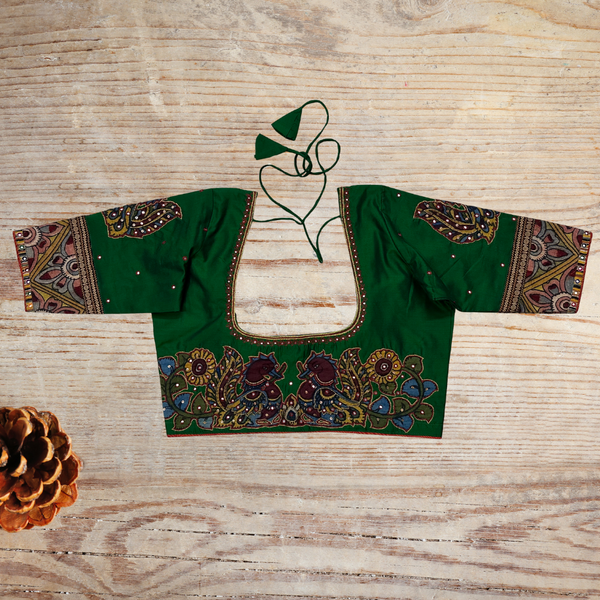 Bottle green Kanjeevaram silk blouse with twin Annam Pen Kalamkari appliqué embroidery - Size 40