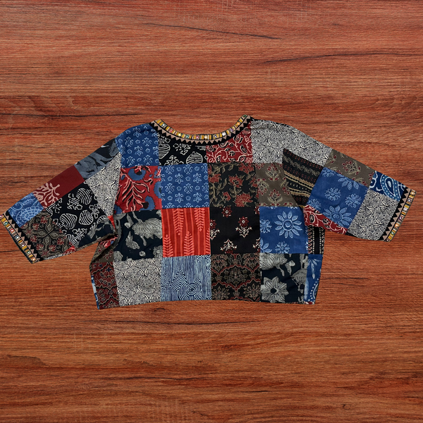 Cotton blouse in vibrant multicolour patchwork with assorted traditional block print motifs - Size 40