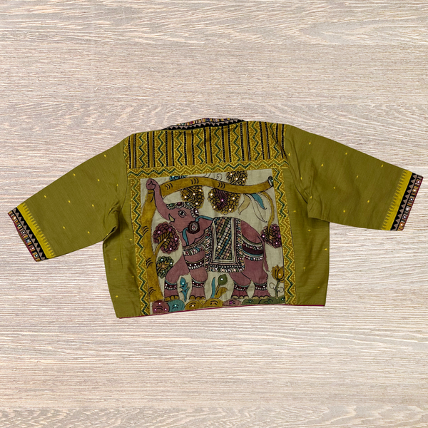 Khadi cotton mehndi green blouse with Pen Kalamkari gaja, sequin, and mirror embroidery - Size 42
