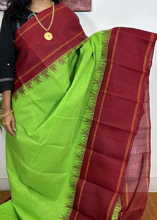 Parrot Green and Maroon Cotton Saree with Silk Saree