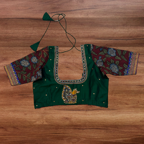 Green silk cotton blouse with Annam appliqué embroidery and Pen Kalamkari silk sleeves - Size 40