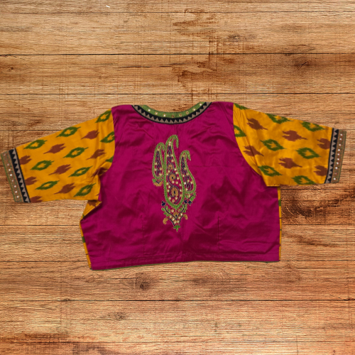 Pink Kanjeevaram silk blouse with paisley motif embroidery sleeves and yellow Pochampally detailing - Size 38