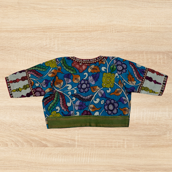 Elegant green silk cotton blouse with Annam appliqué embroidered body and Pen Kalamkari silk sleeves - Size 40