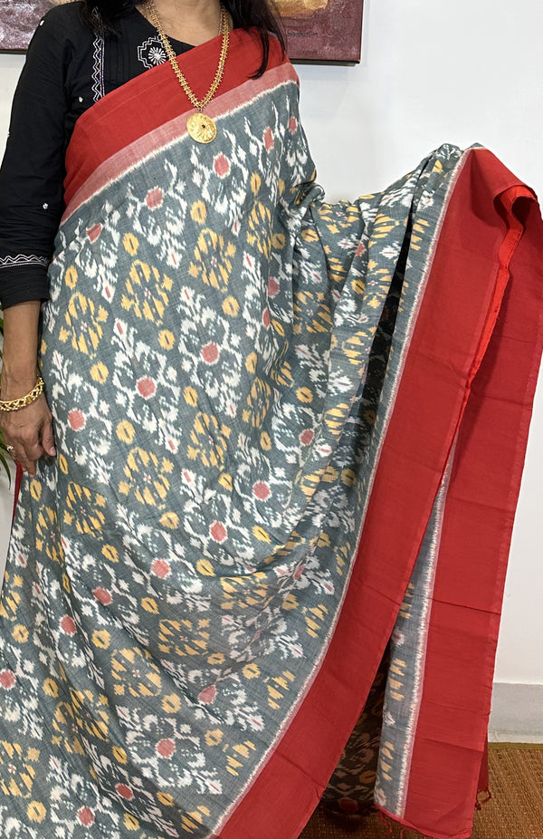 Grey and Red Ikkat Pochampally Cotton Saree