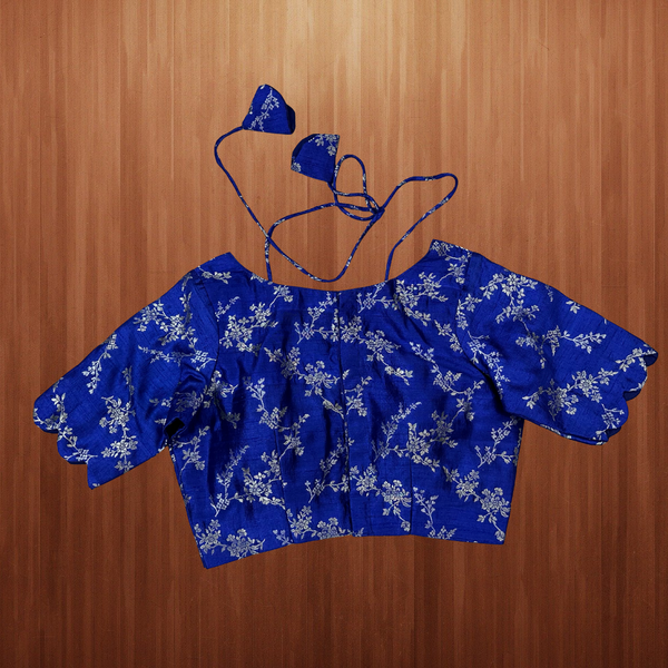 Blue Banarasi blouse with neck tie, padded scalloped sleeves - Size 38