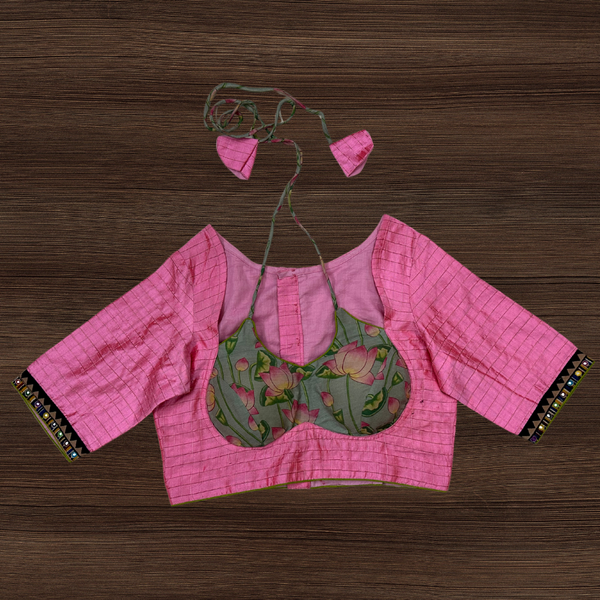 Baby pink raw silk blouse featuring neck tie, padded and pichwai design - Size 38