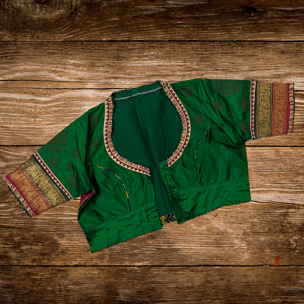 Kanjeevaram silk blouse with elegant green Kasuti embroidery detailed sleeves craftsmanship - Size 42