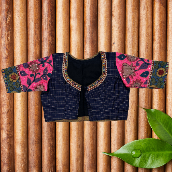 Raw silk tiny checks blouse with pen Kalamkari patch sleeves, pink Kanjeevaram appliqué embroidery - Size 36