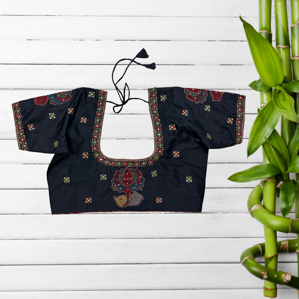 Black Kanjeevaram silk blouse with Pen Kalamkari lotus appliqué embroidery - Size 38