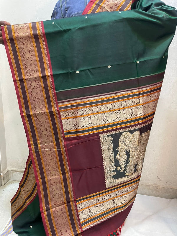 Green on Maroon Navanari Kunjaram Handwoven Kanjivaram Silk Saree