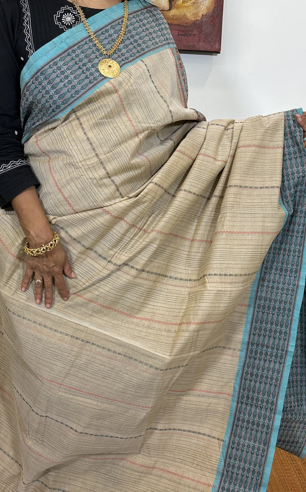 Beige and Blue Handwoven Kanchi Cotton Saree