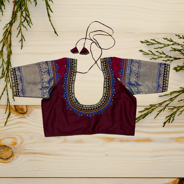 Maroon silk cotton blouse with Kanjeevaram border, Kutch embroidery - Size 38
