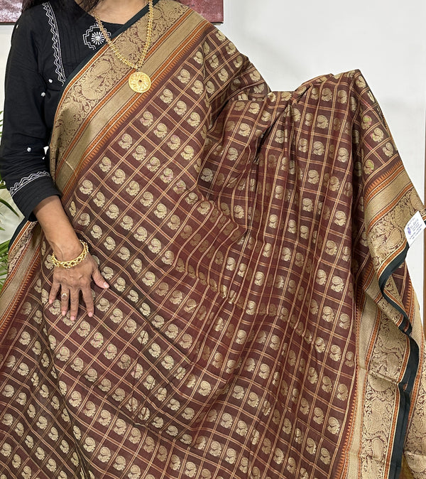 Brown with 1,000 Annam Motifis Kanjivaram Cotton Saree