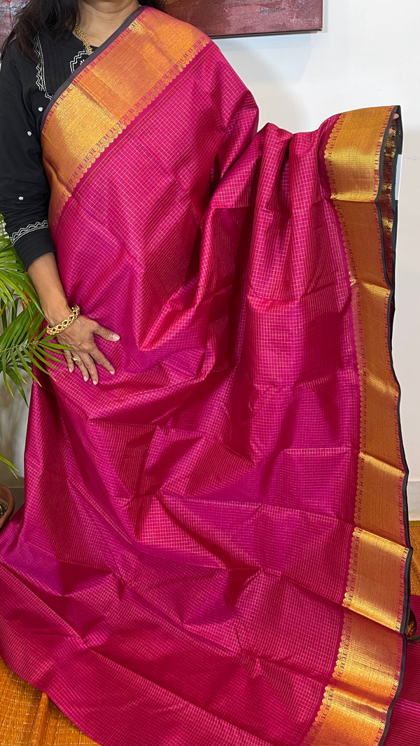 Pink Kottadi Kattam Checks in Gold Zari Vintage Kanjivaram Silk Saree