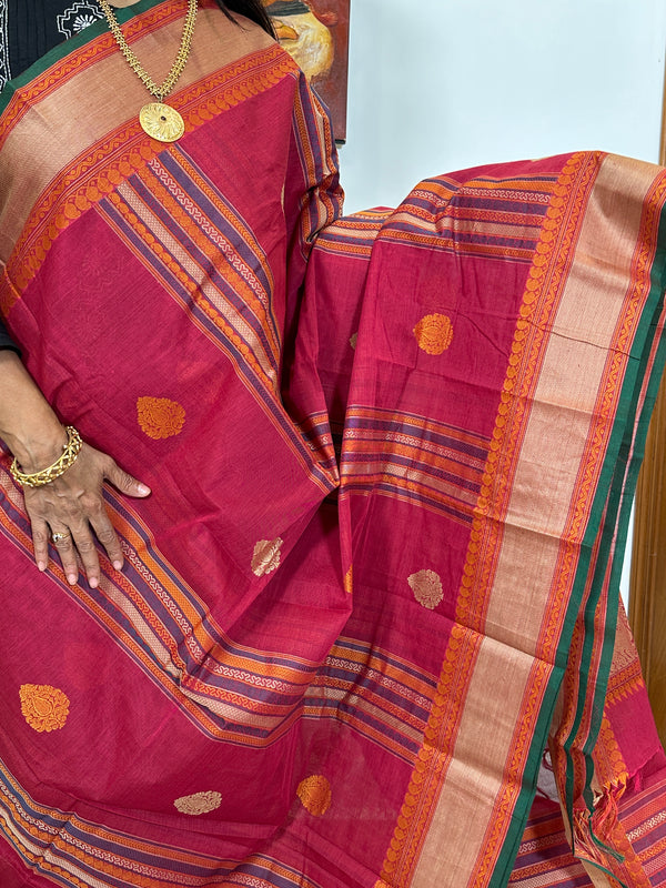 Red Handwoven Kanchi Cotton Saree with Green Selvage