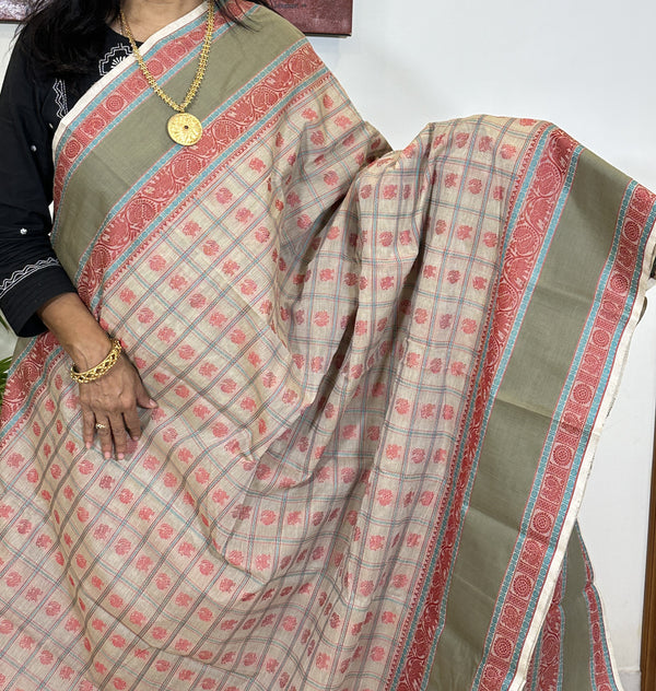 Beige with 1000 Yali and Annam Motifs with Rettai Pettu Annam and Yali Kanjivaram Cotton Saree