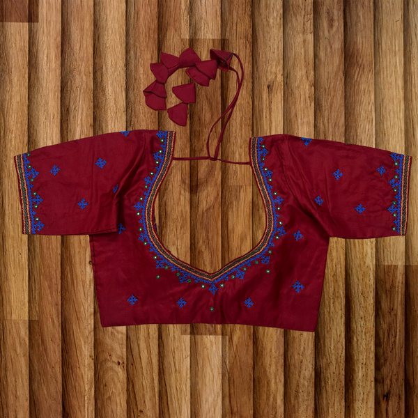 Red Kanjeevaram silk blouse with Kutch embroidery - Size 38
