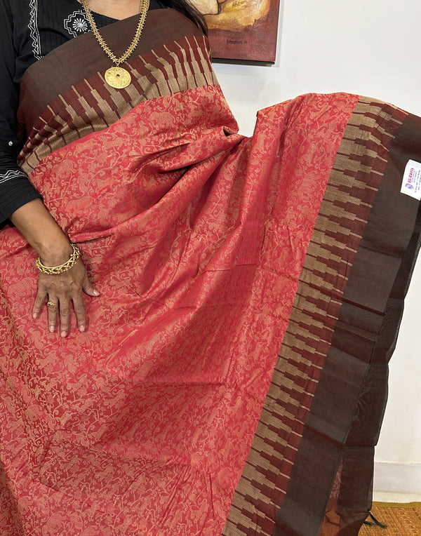 Chili Red and Brown Korvai Handwoven Kanchi Vanasingaram Cotton Saree