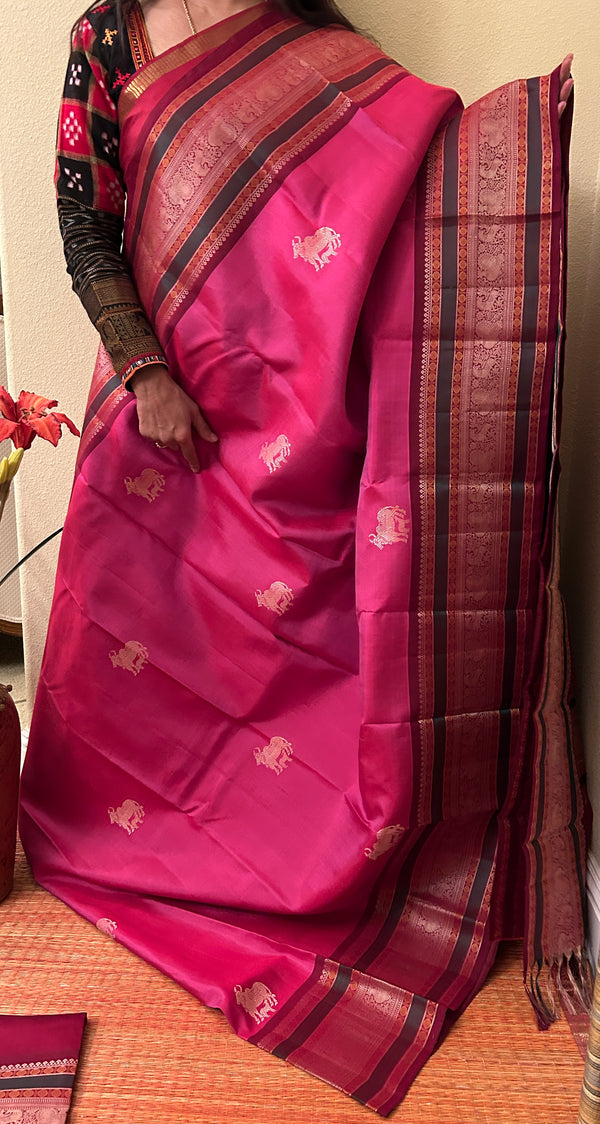 Pink and Maroon Kanjivaram Thread Weave Silk Saree