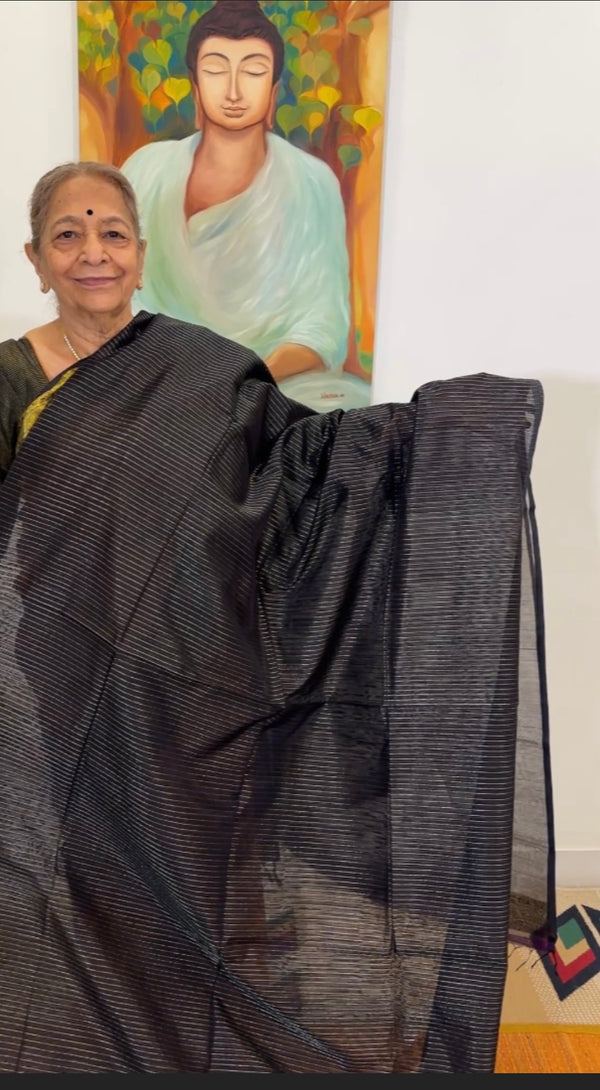 Black with Silver Zari Stripes Handwoven Maheshwari Silk Cotton Saree