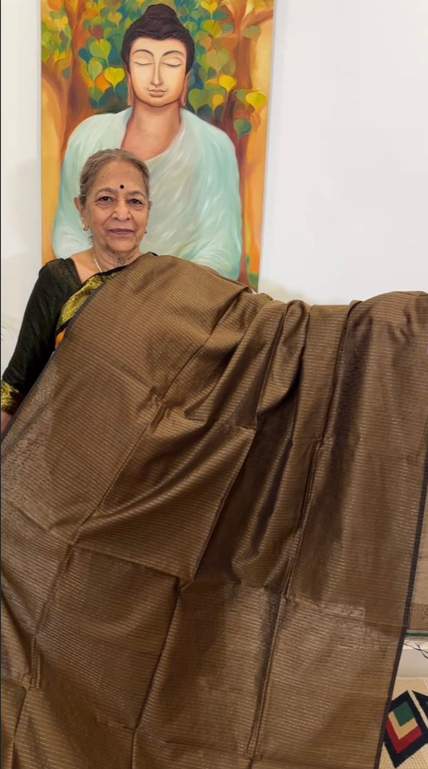 Earthy Brown with Silver Zari Stripes Handwoven Maheshwari Silk Cotton Saree