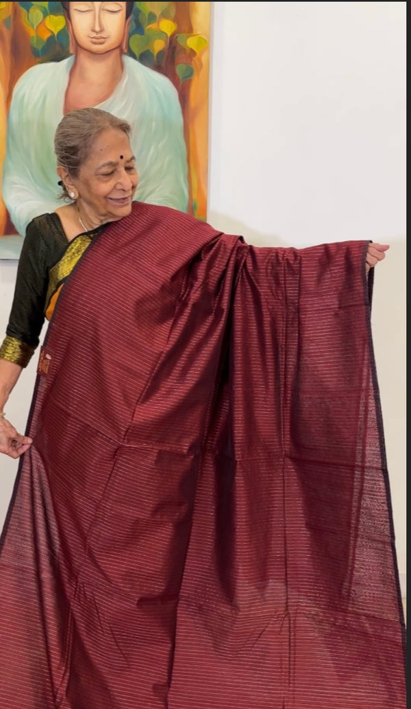 Maroon with Silver Zari Stripes Handwoven Maheshwari Silk Cotton Saree