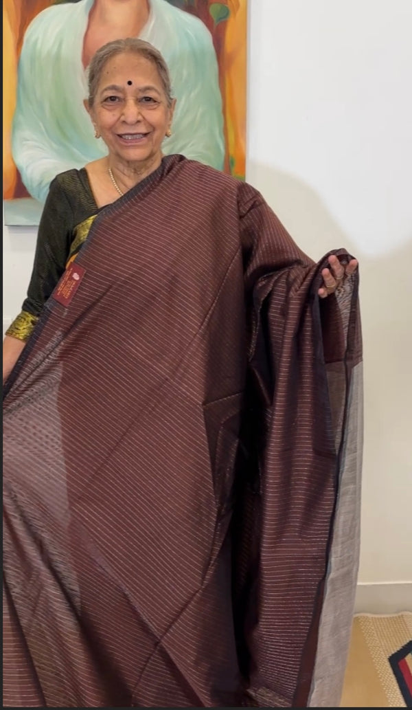 Dark Brown with Silver Zari Stripes Handwoven Maheshwari Silk Cotton Saree