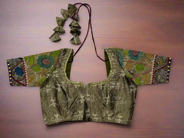 Tissue gold blouse with Pen Kalamkari appliqué work - Size 38