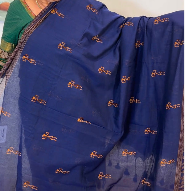 Blue Hand Block Printed Mul Cotton Saree