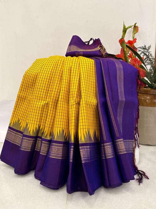 Yellow and Purple Korvai Checkered Kanjivaram Silk Saree