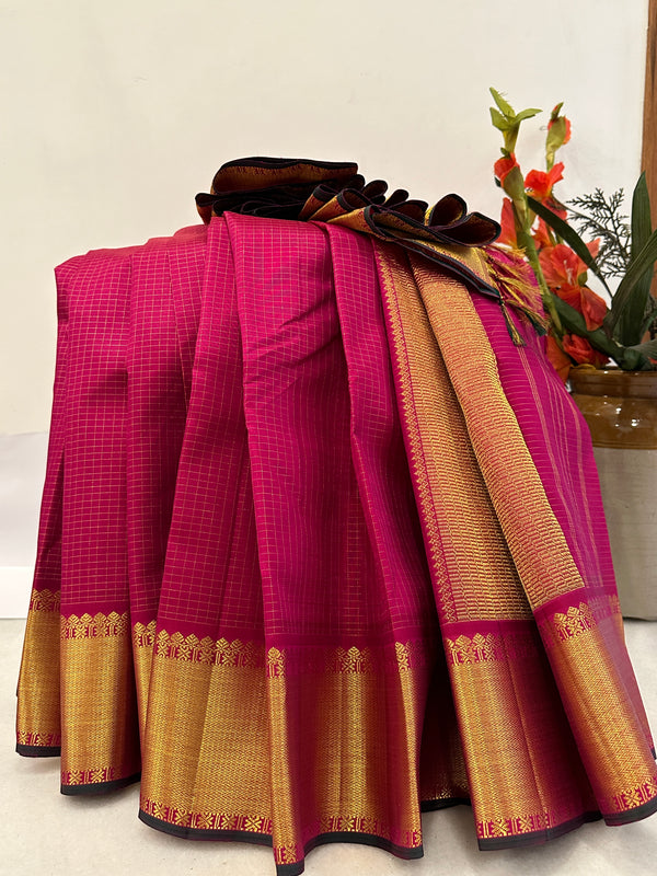 Pink Kottadi Kattam Checks in Gold Zari Vintage Kanjivaram Silk Saree