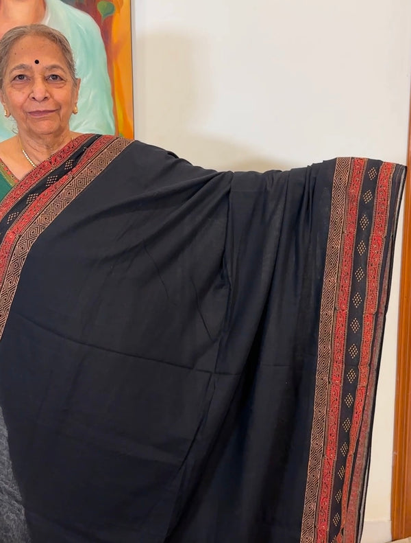 Black Hand Block Printed Mul Cotton Saree