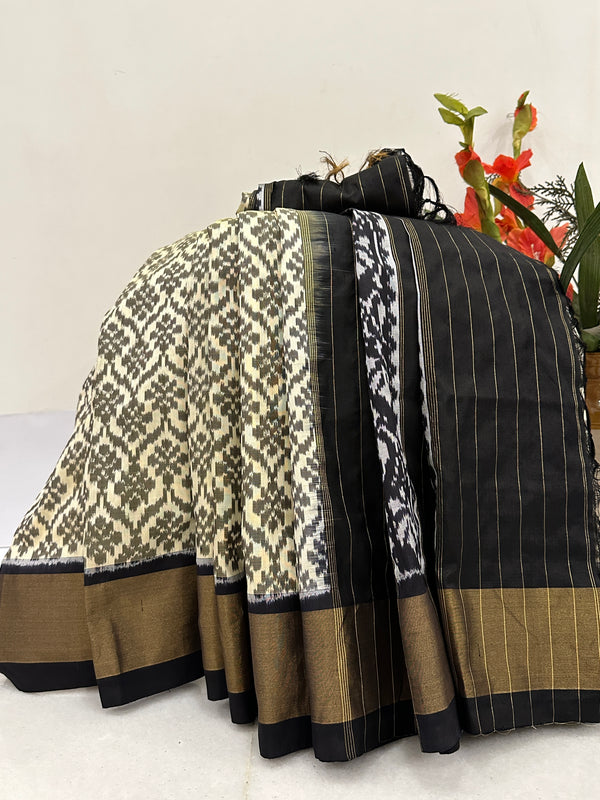 Cream and Black Pochampally Double Ikkat Handwoven Saree - Classic Pochampally Design in Body with Zari Border