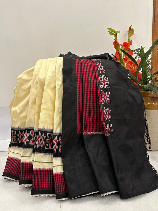 Cream, Maroon and Black Double Ikkat Handwoven Saree - Saree with Black and Maroon Border and Checkered Pallu