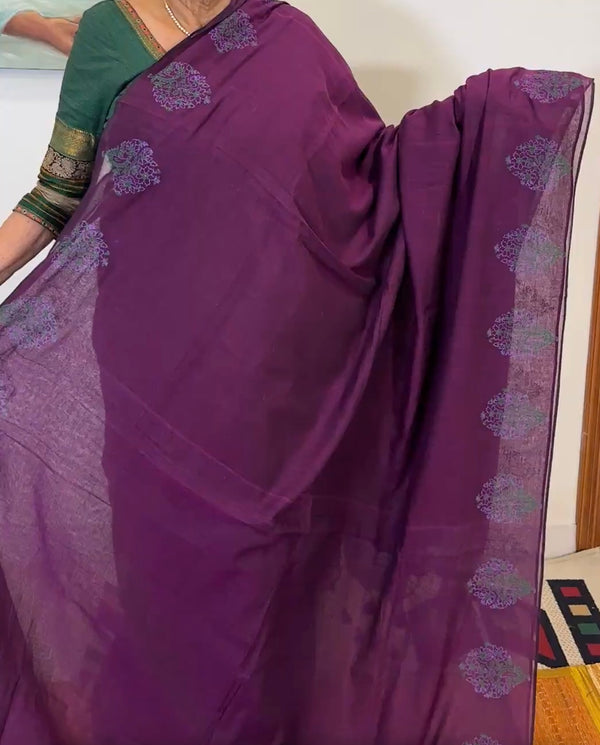 Purple Hand Block Printed Mul Cotton Saree