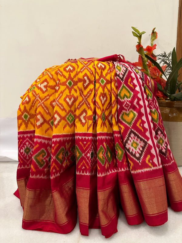 Yellow and Red Pochampally Double Ikkat Handwoven Saree - Classic Pochampally Design in Body with Zari Border