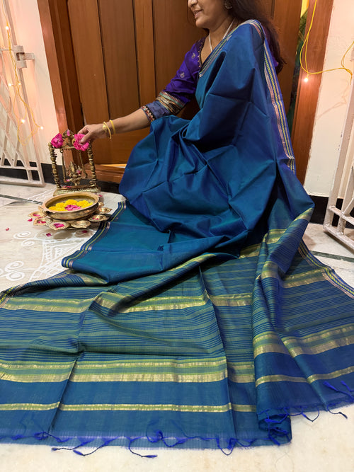 Blue with Mustard Yellow Maheshwari Silk Cotton Saree
