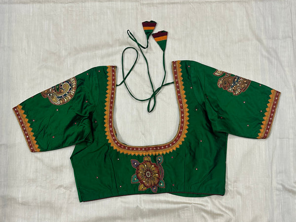 Bottle green Kanjeevaram silk blouse, Pen Kalamkari flower neckline, embroidered sleeves, Annam birds - Size 40