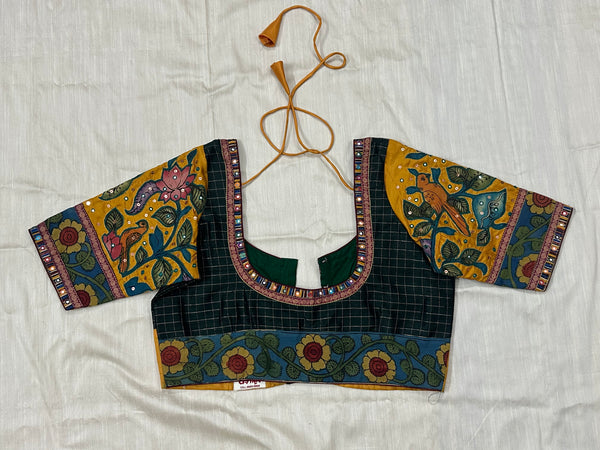 Bottle green raw silk blouse, yellow Kanjeevaram sleeves, sequins, mirrors, Kalamkari Annam border - Size 40