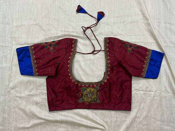 Kanjeevaram silk marron pen kalamkari flower patch sleeves blue border - Size 38