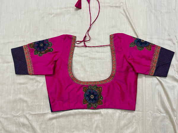 Kanjeevaram silk pink blouse with Pen Kalamkari flower neckline, embroidered sleeves, blue border - Size 38