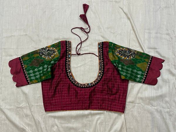 Kanjeevaram podi kattam maroon blouse with Pochampalli silk annam appliqué scallop sleeves - Size 40