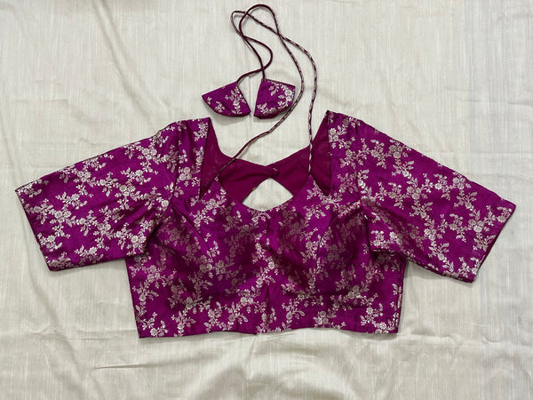 Pink Banarasi raw silk blouse with padded neckline and elegant tie-up back - Size 40