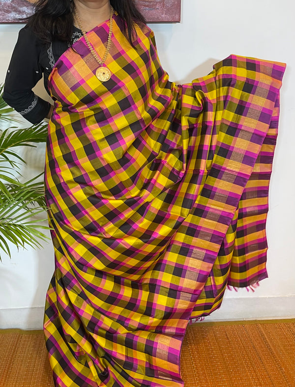 Multicoloured Checks and Pink Kanjivaram Silk Saree