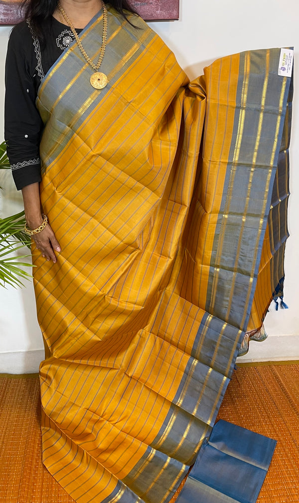 Yellow and Greyish Blue Kanjivaram Silk saree