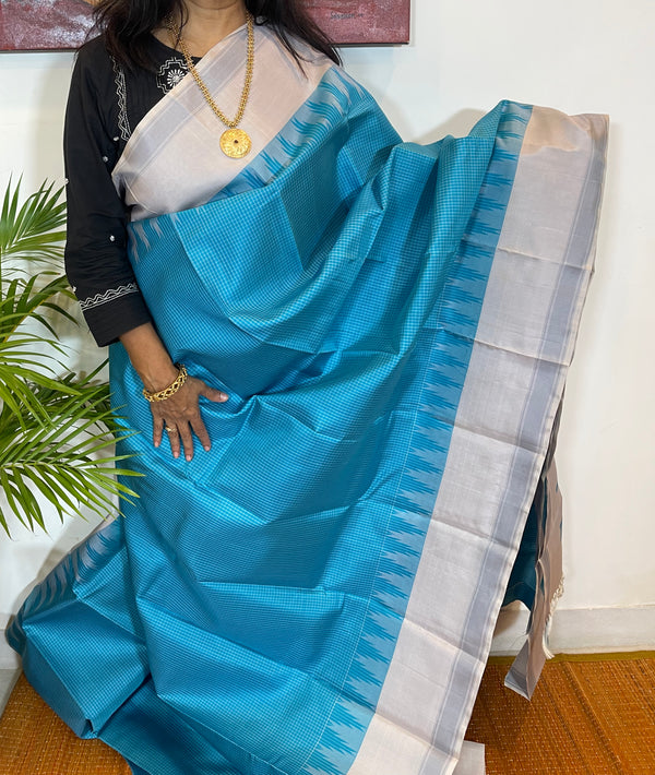 Blue and Grey Checkered Korvai Kanjivaram Silk Saree